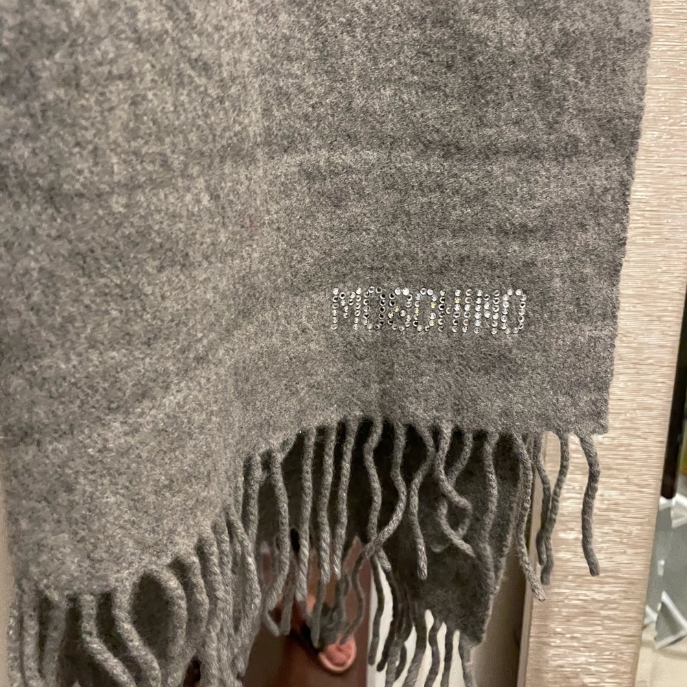 Moschino grey wool sparkle logo fringe scarf